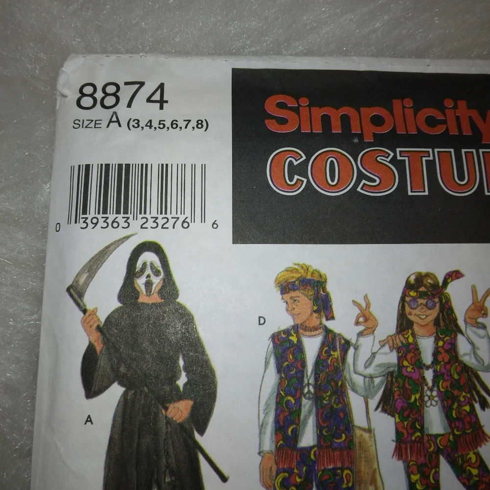 SIMPLICITY 8874 Sz 3-8 Collection of fun costumes: ninja cat reaper wizard hippi